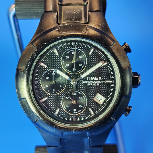 Vintage 2001 Timex Chronograph Date Gun Metal 38mm Mens Quartz Watch Restored