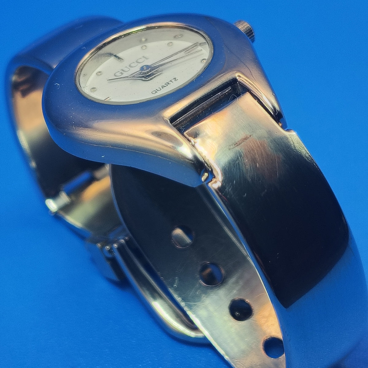 Vintage 1990 Authentic GUCCI Bangel Swiss Made Women's Quartz Luxury Watch SS Strap Fully  Restored