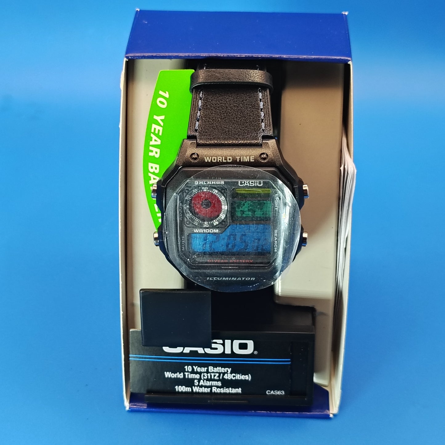 New! 2026 Casio AE1200WH Royale World Time Fully Custom Stained Glass MOD Dial Mens Digital Luxury Watch Blue Leather Strap SS deployment clasp