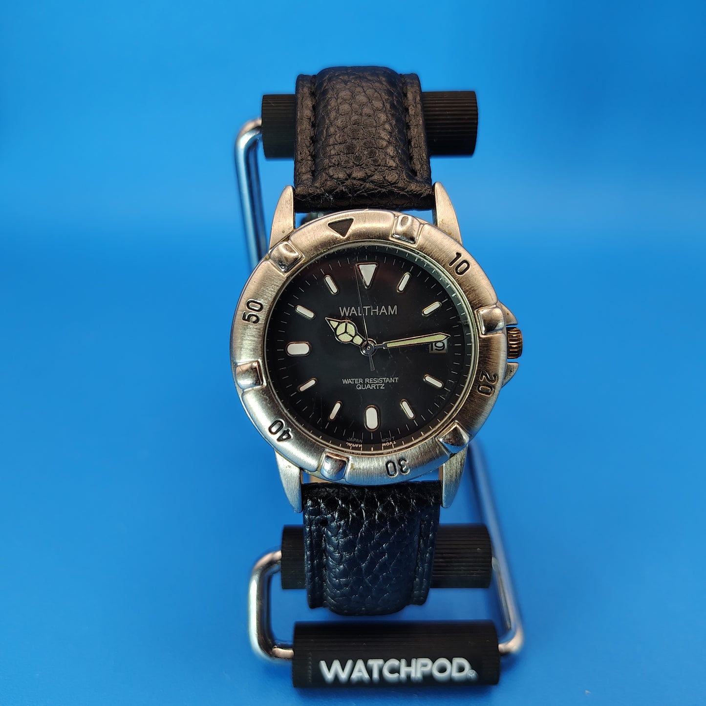 Vintage 1998 Waltham Diver Style 36mm Mens Quartz Watch New Leather Strap Resto