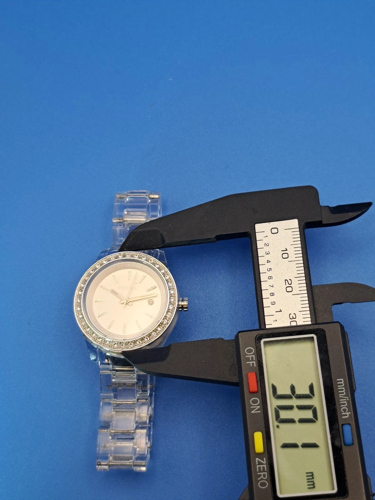 Vintage 2009 Fossil Crystal Clear Date Acrylic 39mm Women's Quartz Watch Restored