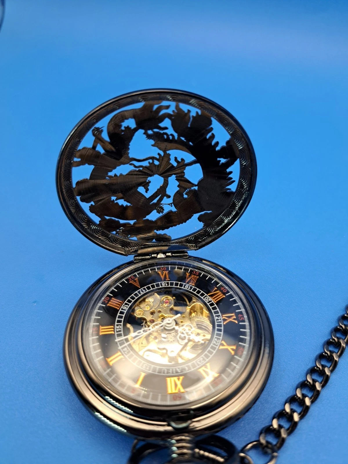 Vintage 2016 Caifu Men's Mechanical Dragon Skeleton Pocket Watch Restored