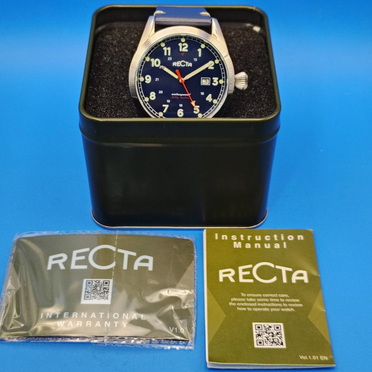 New! 2020 Recta Date 45mm Mens Quartz Watch Full Box Set Papers Tag NOS