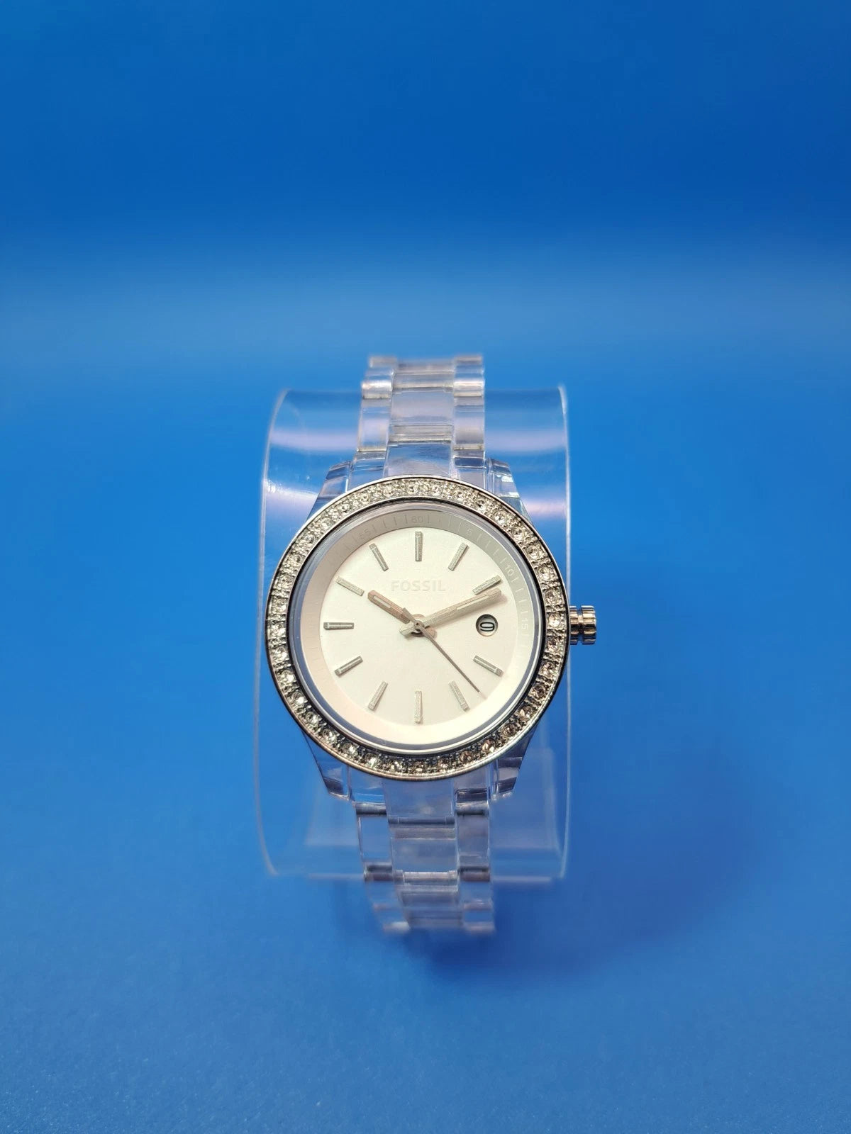 Vintage 2009 Fossil Crystal Clear Date Acrylic 39mm Women's Quartz Watch Restored