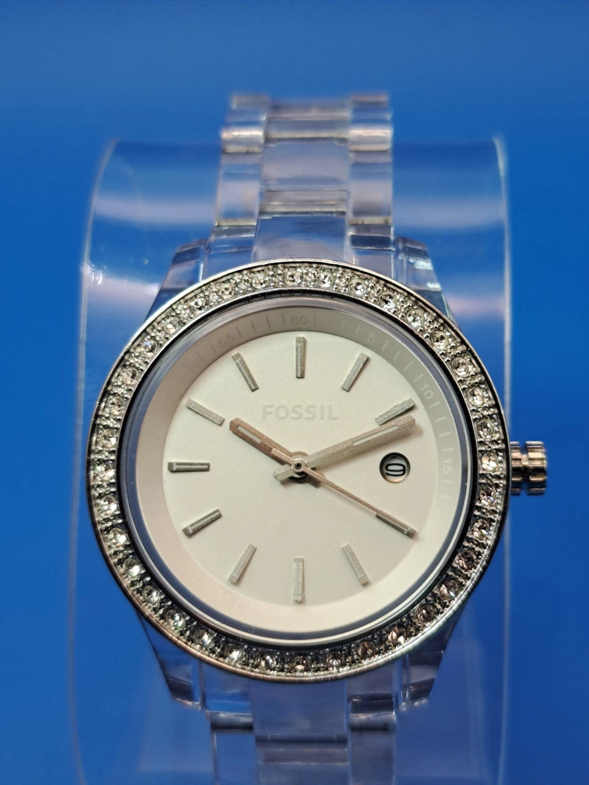 Vintage 2009 Fossil Crystal Clear Date Acrylic 39mm Women's Quartz Watch Restored