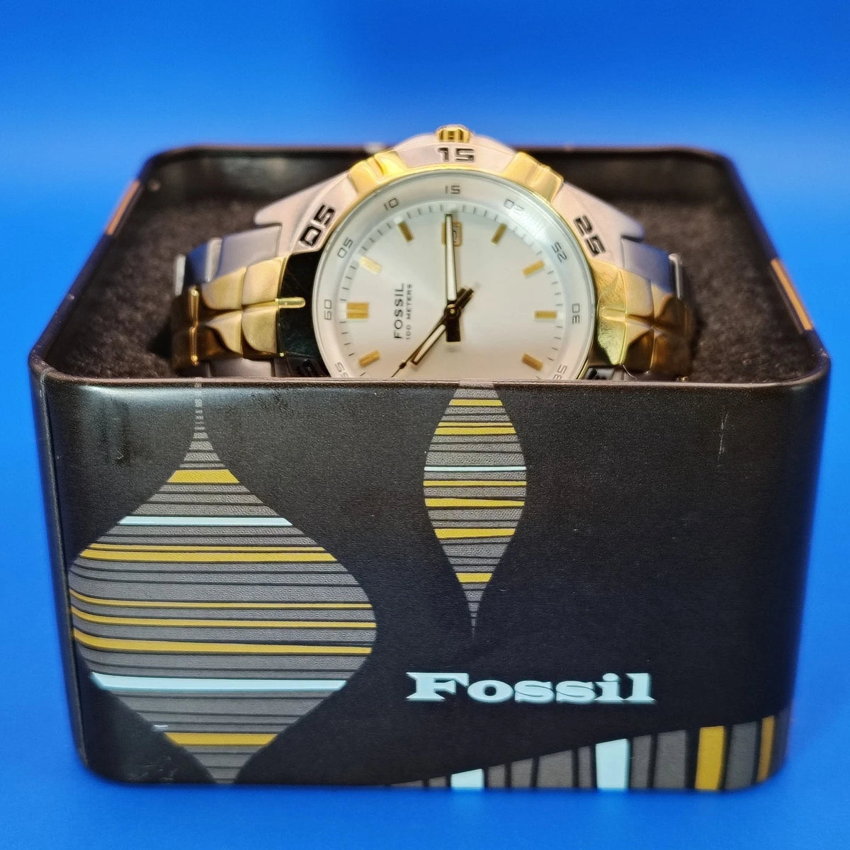 New! Vintage 2001 Fossil PR-5340 Two Tone Date 40mm Mens Quartz Watch Full Set