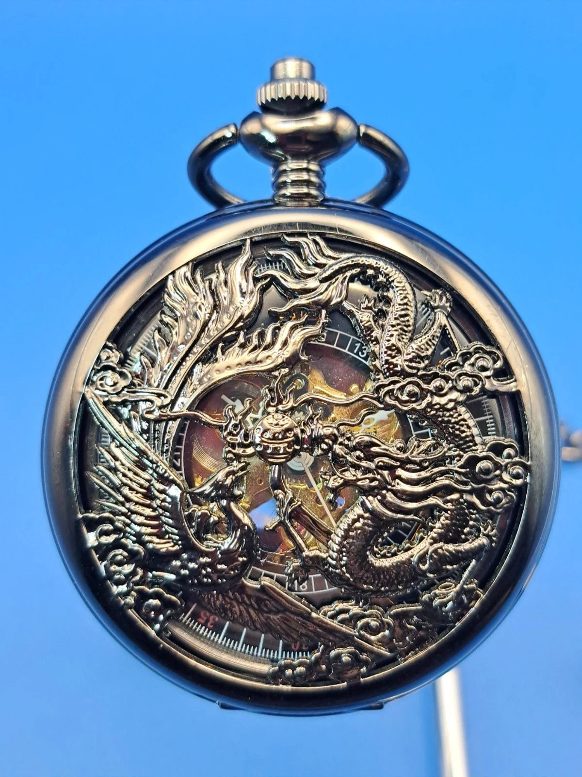 Vintage 2016 Caifu Men's Mechanical Dragon Skeleton Pocket Watch Restored