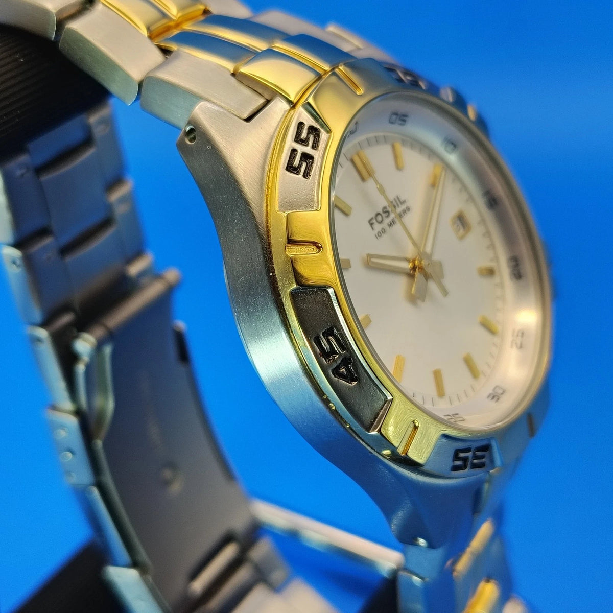 New! Vintage 2001 Fossil PR-5340 Two Tone Date 40mm Mens Quartz Watch Full Set