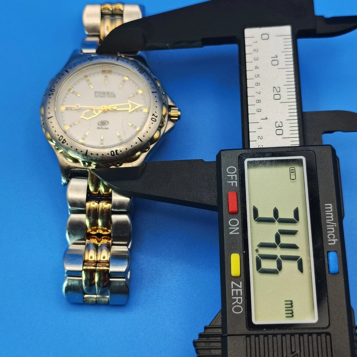 Vintage 1996 Fossil Blue 34mm Two Tone Women's Quartz Watch Lume Fully Restored