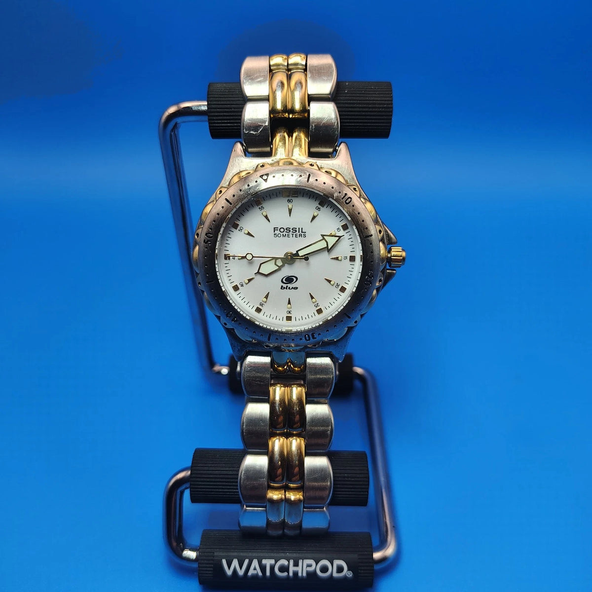 Vintage 1996 Fossil Blue 34mm Two Tone Women's Quartz Watch Lume Fully Restored