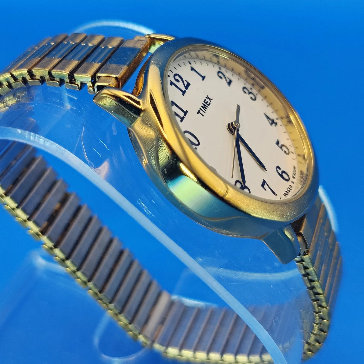 Vintage 2007 Timex Indiglo 30mm Women's Quartz Watch Gold Tone Stretch Bracelet