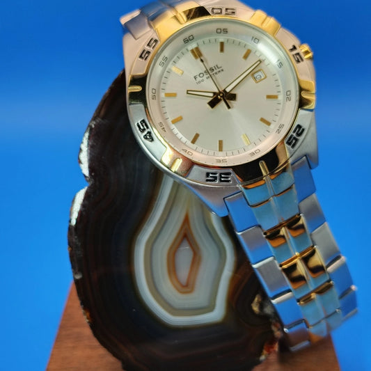 New! Vintage 2001 Fossil PR-5340 Two Tone Date 40mm Mens Quartz Watch Full Set