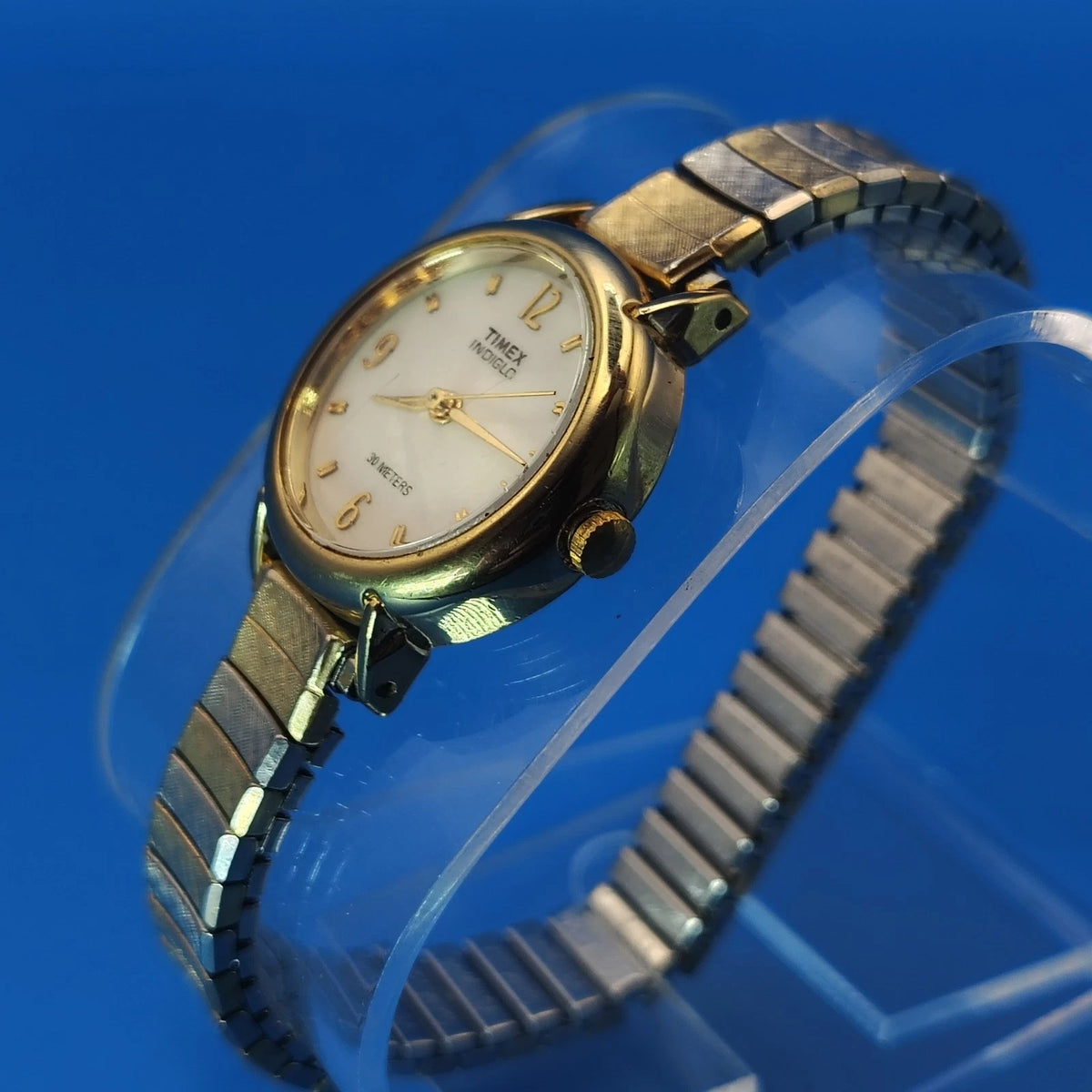 Vintage 1996 Timex Indiglo 23mm Two Tone Women's Quartz Watch Stretch Bracelet