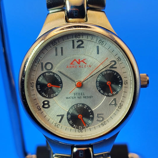 Vintage 1997 Anne Klein 10/6185 Day-Date 28mm Women's Quartz Watch Solid SS