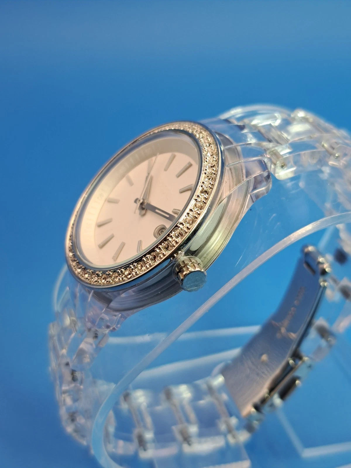 Vintage 2009 Fossil Crystal Clear Date Acrylic 39mm Women's Quartz Watch Restored