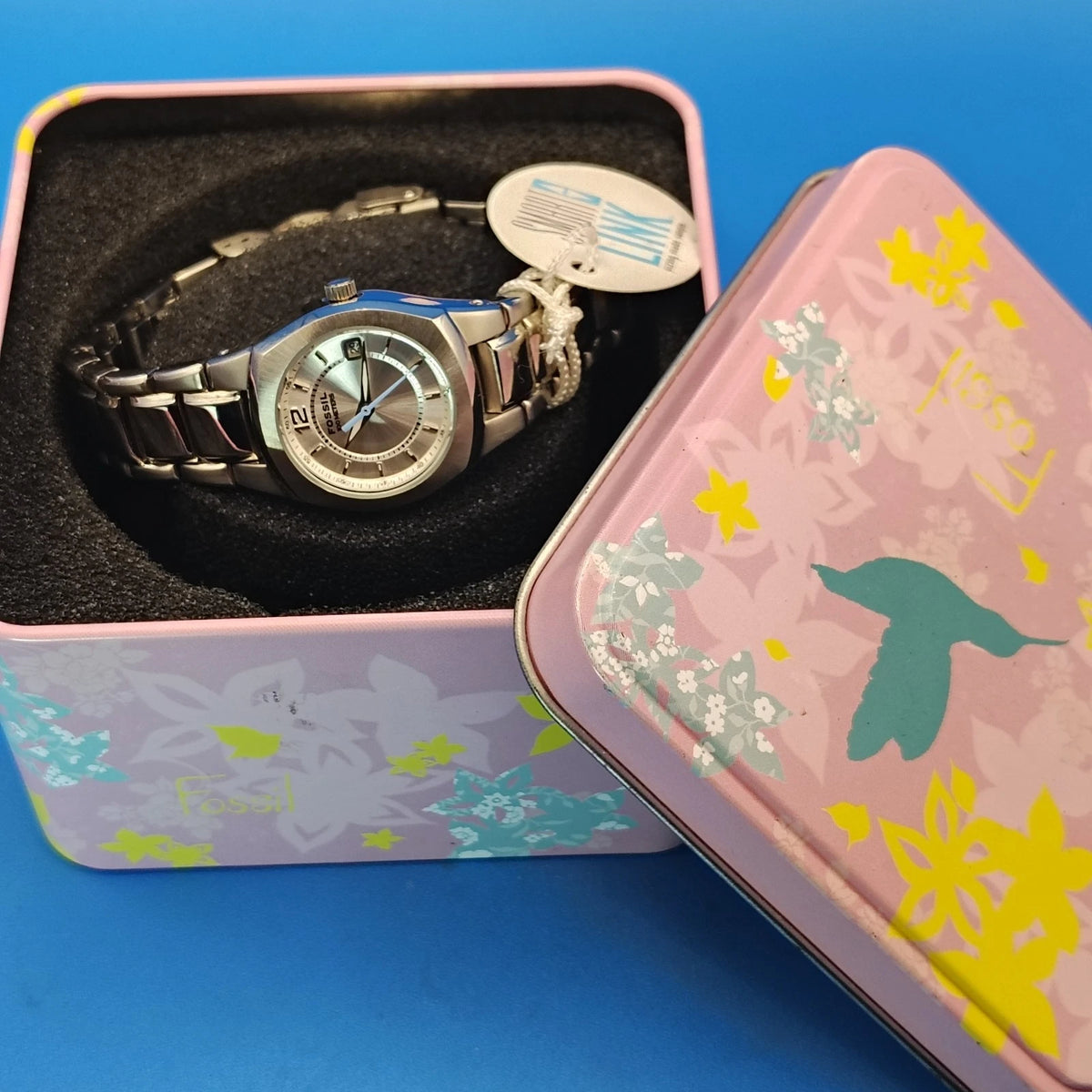 New! Vintage 2010 Fossil Blue Date AM3918 26mm Women's Quartz Watch Full Set NOS