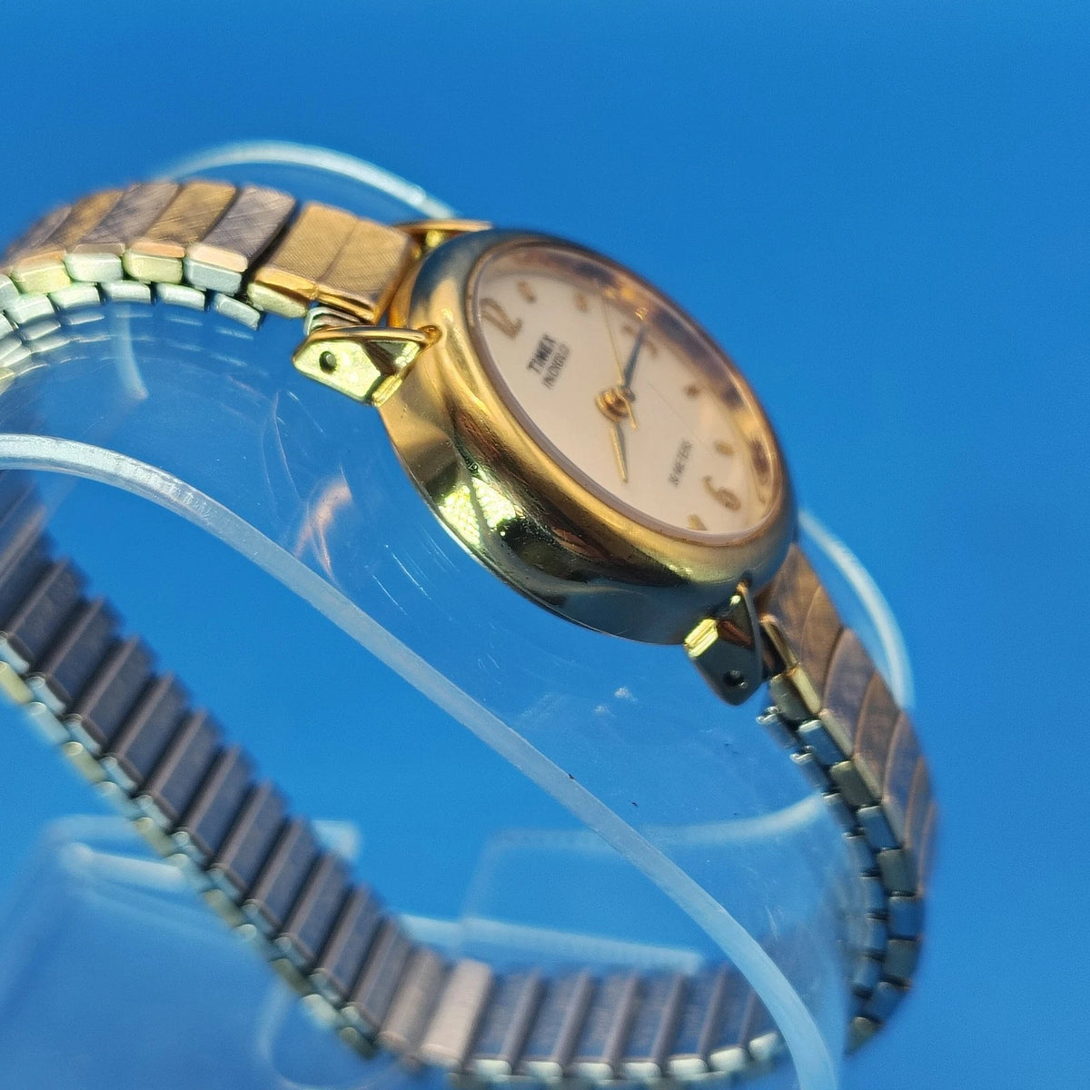 Vintage 1996 Timex Indiglo 23mm Two Tone Women's Quartz Watch Stretch Bracelet