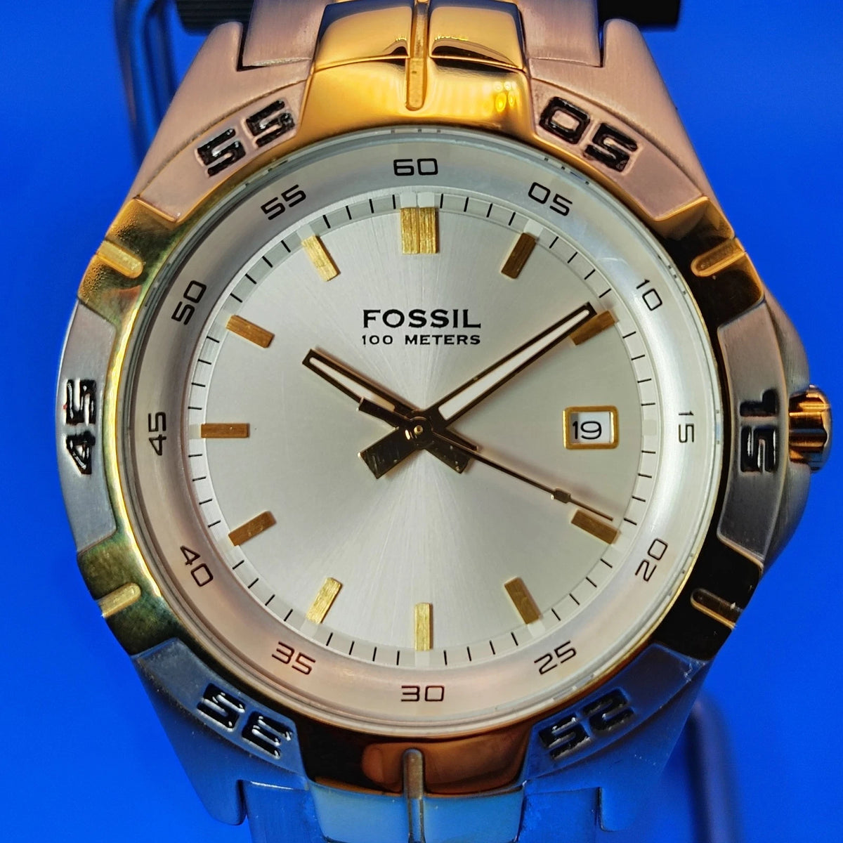 New! Vintage 2001 Fossil PR-5340 Two Tone Date 40mm Mens Quartz Watch Full Set