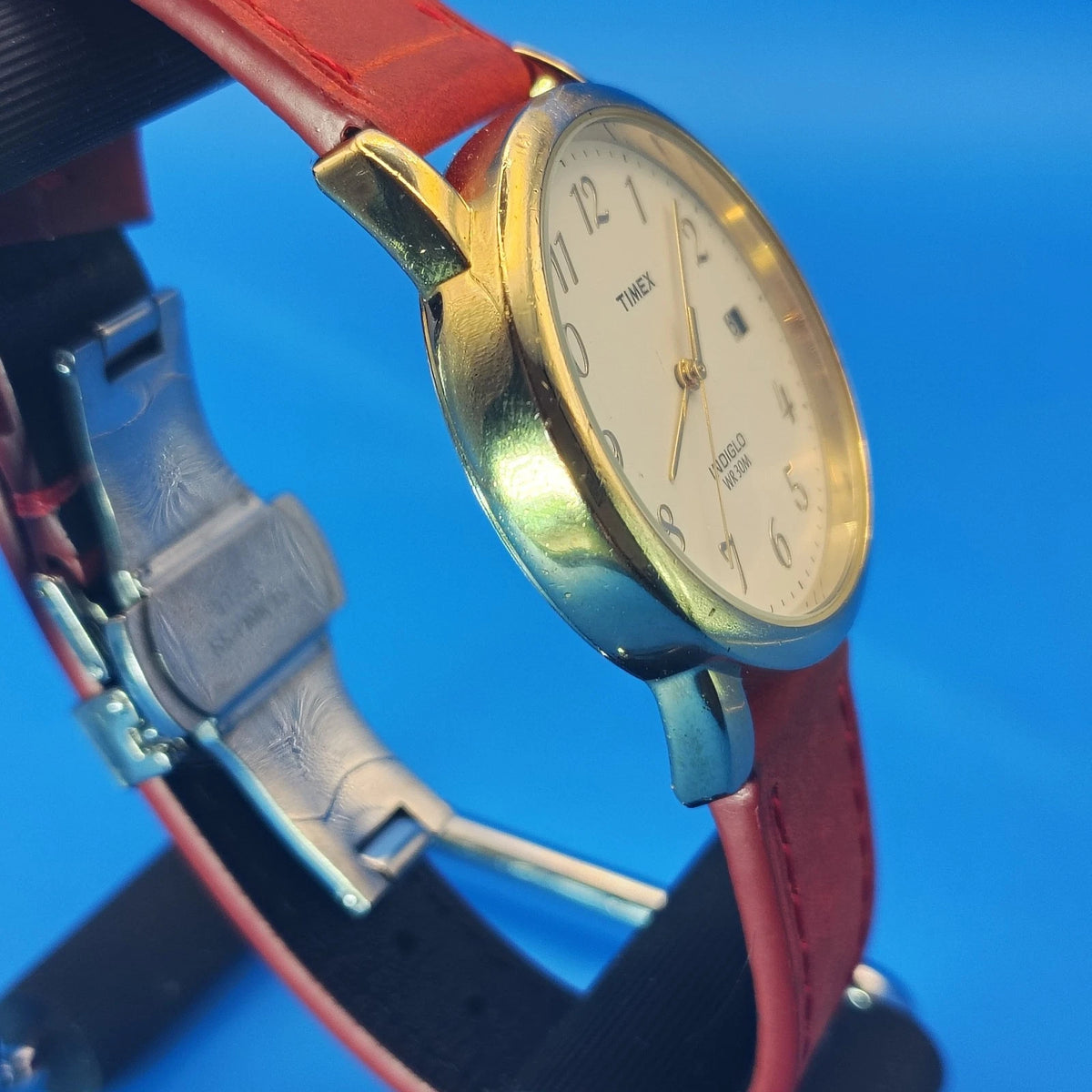 Vintage 2007 Timex Date 35mm Men's Quartz Watch Leather Strap Deployment Clasp
