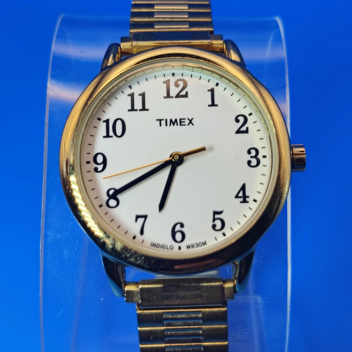 Vintage 2007 Timex Indiglo 30mm Women's Quartz Watch Gold Tone Stretch Bracelet