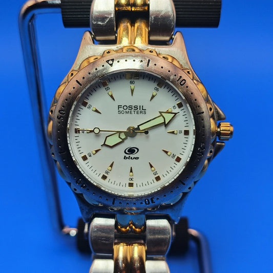 Vintage 1996 Fossil Blue 34mm Two Tone Women's Quartz Watch Lume Fully Restored