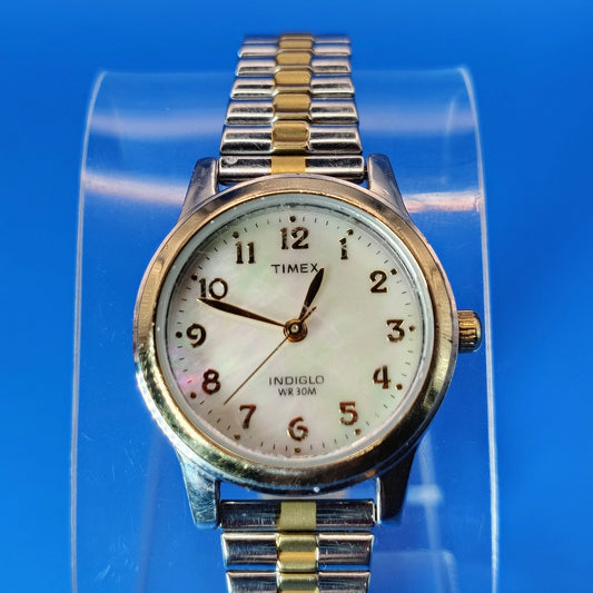 Vintage 2002 Timex Indiglo Mother of Pearl 25mm Women's Two Tone Quartz Watch