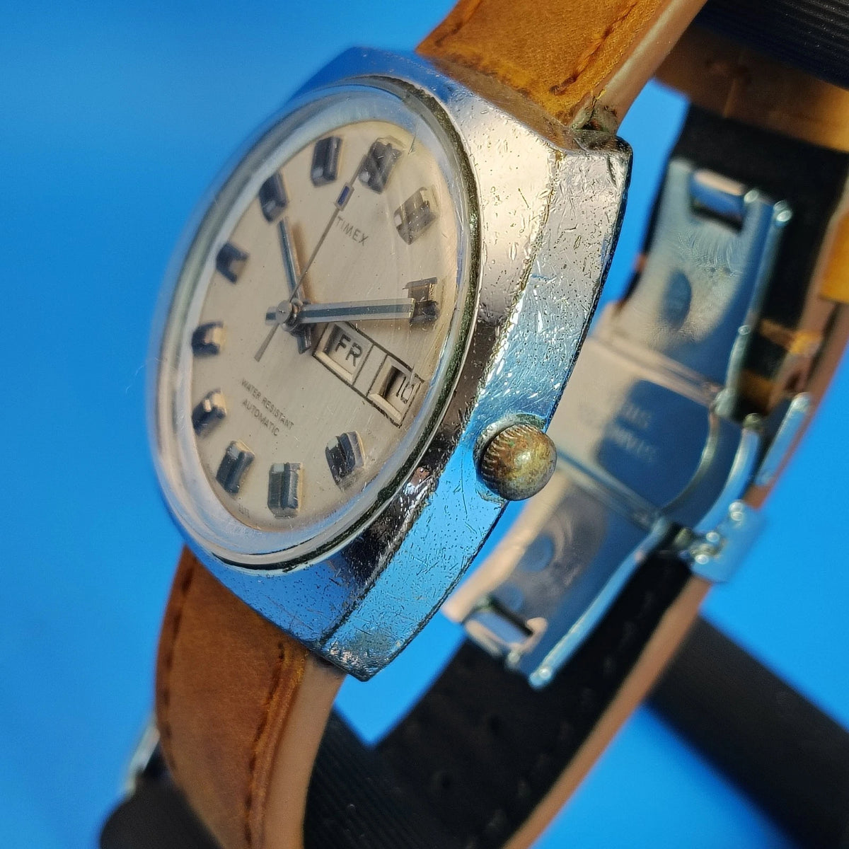 Vintage 1973 Timex Viscount Day-Date 44mm Mens Automatic Watch Restored