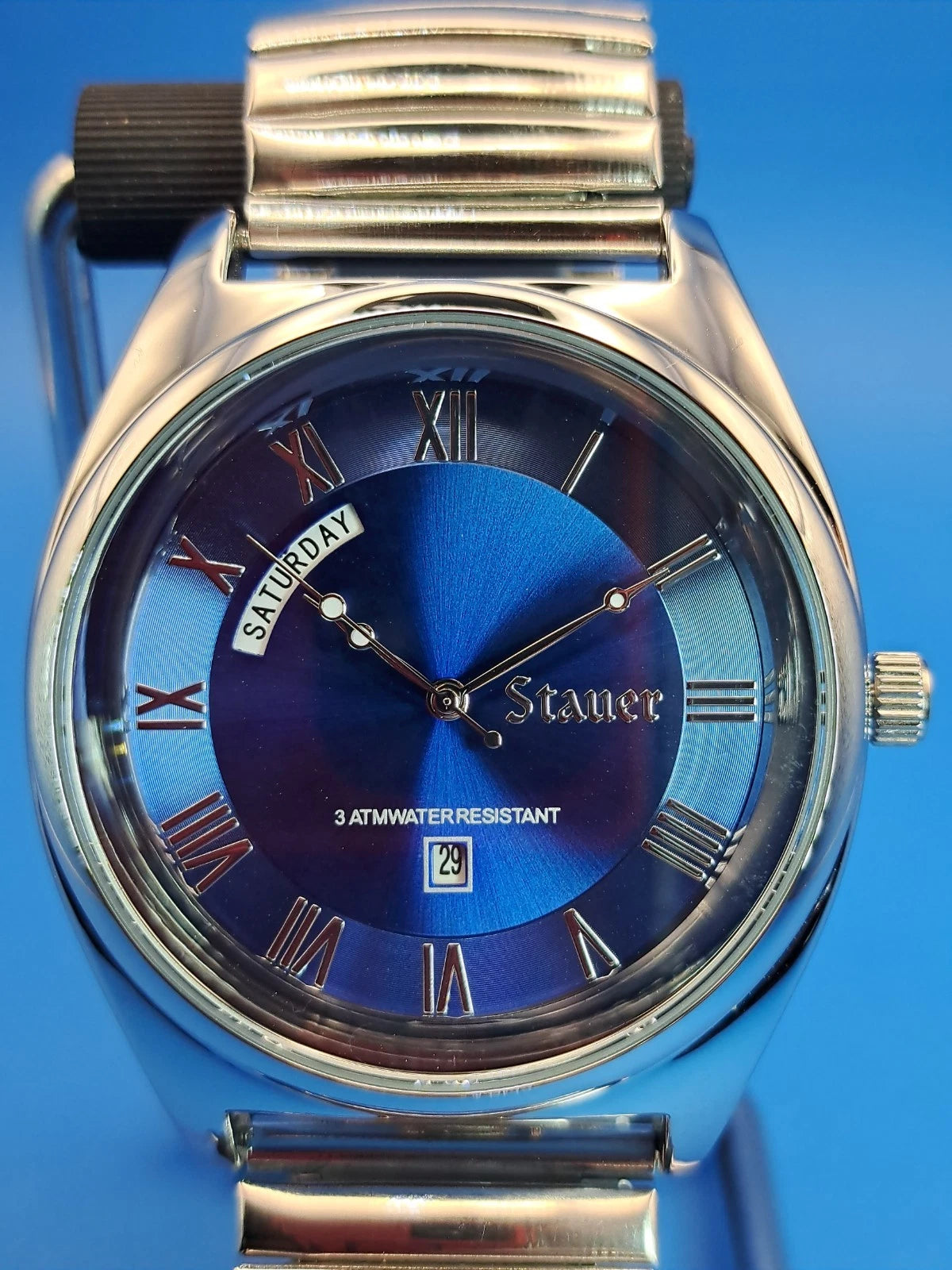 Vintage 2015 Stauer Blue Sunburst Day-Date 42mm Mens Quartz Dress Watch