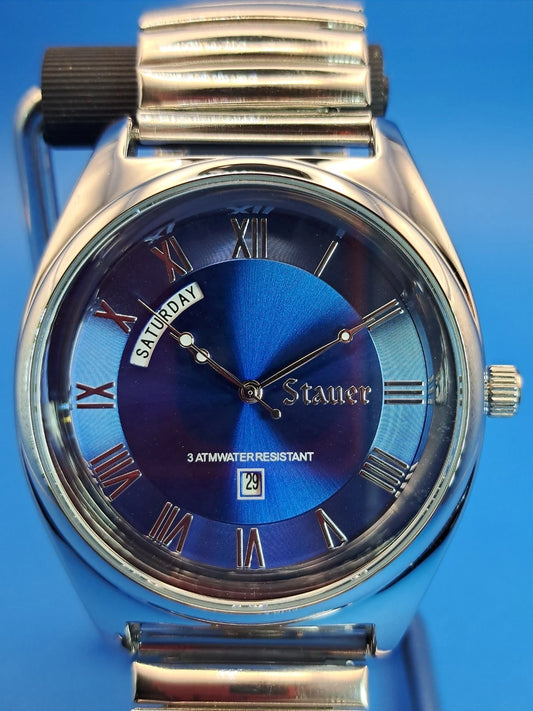 Vintage 2015 Stauer Blue Sunburst Day-Date 42mm Mens Quartz Dress Watch