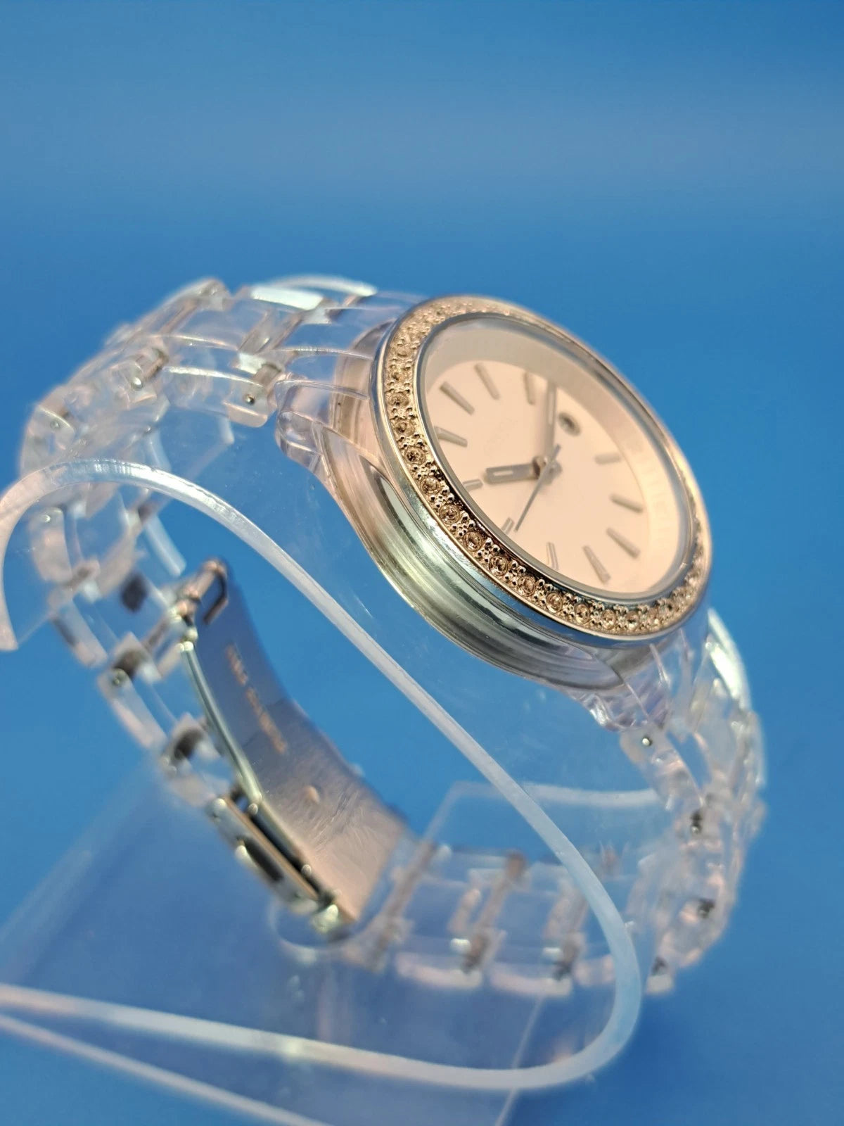 Vintage 2009 Fossil Crystal Clear Date Acrylic 39mm Women's Quartz Watch Restored