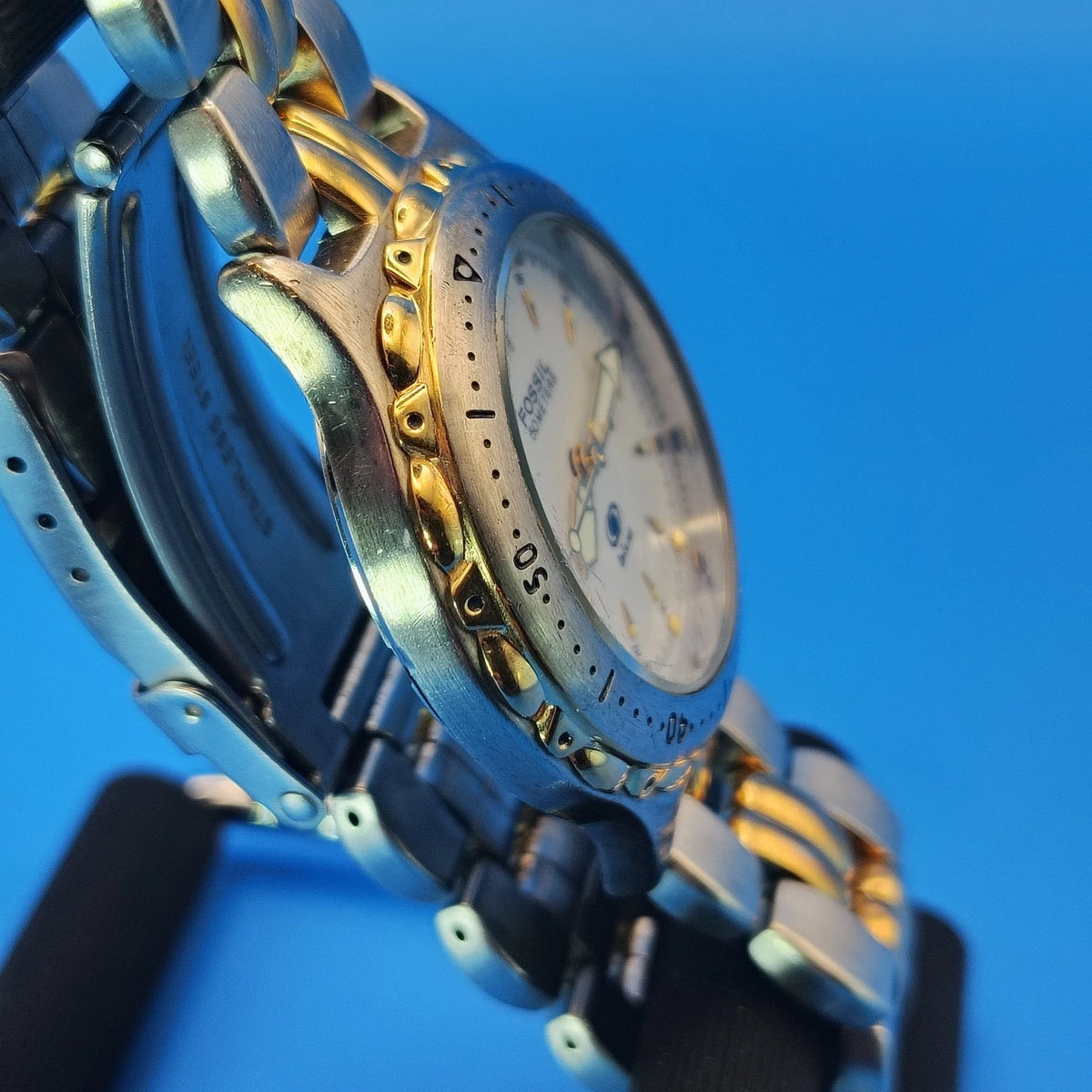 Vintage 1996 Fossil Blue 34mm Two Tone Women's Quartz Watch Lume Fully Restored