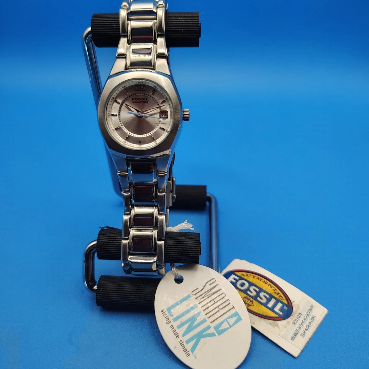 New! Vintage 2010 Fossil Blue Date AM3918 26mm Women's Quartz Watch Full Set NOS