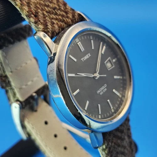 Vintage 2010 Timex Indiglo Date 37mm Mens Quartz Watch New Woven Wool Strap
