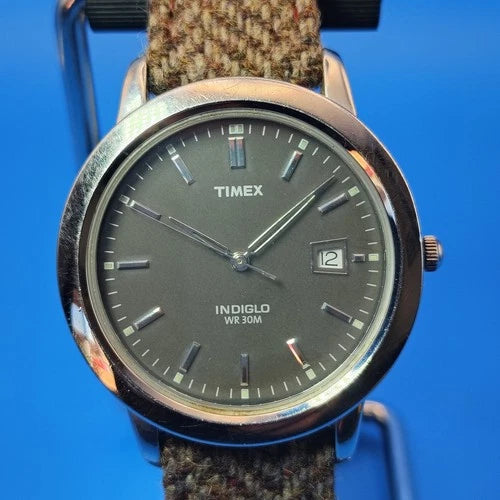 Vintage 2010 Timex Indiglo Date 37mm Mens Quartz Watch New Woven Wool Strap